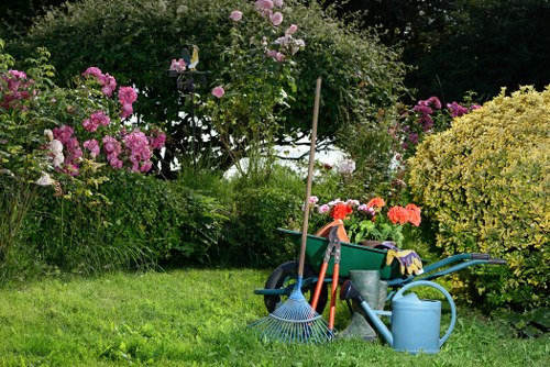 A lush backyard garden scene with a well-maintained green lawn in the foreground, surrounded by vibrant flowering bushes and shrubs with pink, purple, and orange blooms. Behind the garden bed, there are taller trees and dense greenery providing a natural backdrop. Gardening tools and supplies, including a blue watering can, a garden rake, a wheelbarrow filled with yellow gloves, and a garden hose, are positioned on the grass, indicating ongoing outdoor maintenance. The garden appears well-cared-for, with a mix of flowering plants and foliage, suggesting regular gardening services such as pruning and lawn care. The lighting suggests a bright, partly cloudy day, and the setting reflects a tidy, inviting outdoor space typical of residential gardens in Battersea, fitting into the local context of outdoor residential landscaping and garden maintenance.