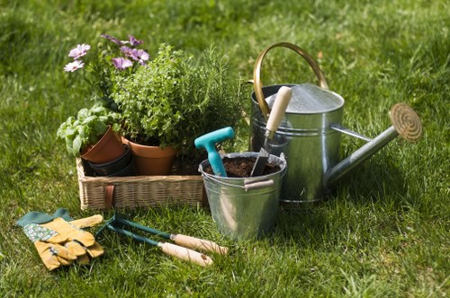 In a well-maintained backyard garden, there is a collection of gardening tools and equipment placed on a lush, green lawn. The foreground features a set of yellow gardening gloves, a pair of small blue-handled garden trowels, and a pair of pruning shears, all resting directly on the grass. To the left, a woven basket contains potted plants with a variety of foliage, including green leafy herbs and flowering plants with light purple and white blossoms. Behind the tools, there is a galvanized metal watering can, complete with a curved handle and a long spout, positioned next to a small metal bucket that holds soil or compost. The background includes a neatly trimmed hedge and tall trees, indicating a landscaped outdoor space typical of residential gardens in Battersea. The scene is lit by natural daylight, with a slightly overcast sky that provides soft, even lighting suitable for gardening activities. This image reflects general garden maintenance and outdoor care, supporting landscaping and gardening services offered in the Battersea area.