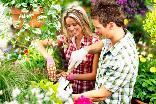 A man and woman engaged in gardening activities in a vibrant backyard, surrounded by a variety of lush green plants, flowering shrubs, and potted plants, with some flowers displaying bright pink, yellow, and purple hues. The man, wearing a plaid shirt and gardening glove, is handling a gardening tool, while the woman, dressed in a red and white checkered shirt and pink gloves, appears to be pruning or planting. The garden features a well-maintained lawn in the foreground, bordered by flower beds and a mix of leafy bushes and small trees in the background, creating a lively and colorful outdoor space typical of residential gardens in Battersea. The scene is well-lit by natural sunlight, suggesting a clear day, emphasizing the rich textures of the plants, the wooden decking, and the lush foliage, capturing a moment of outdoor gardening and landscaping in a picturesque, thriving garden environment.